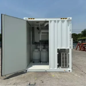 A vertical hydroponic growing system inside a shipping container, featuring stacked rows of vibrant green leafy vegetables under bright LED grow lights, with nutrient-rich water tubes running vertically to nourish the plants
