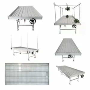 An aisle created by moving a rolling seedling rack, demonstrating how the mobile vertical grow rack system maximizes space.