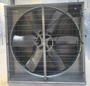 Negative pressure exhaust fans for poultry house efficiently ventilating a commercial greenhouse, demonstrating optimal placement for airflow calculation.